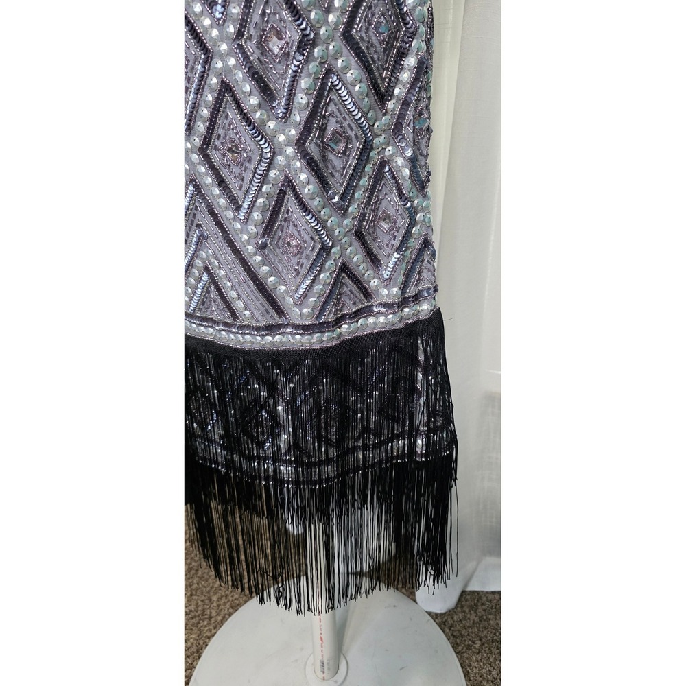 Adrianna Papell Grey Sequin Flapper Dress Set 1920s Gatsby Costume Size 12 - Picture 2 of 8